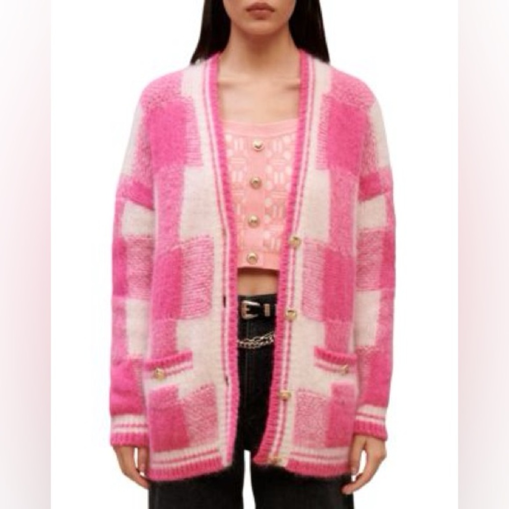 MAJE pink and white checked Jacquard Cardigan Large 3 XL